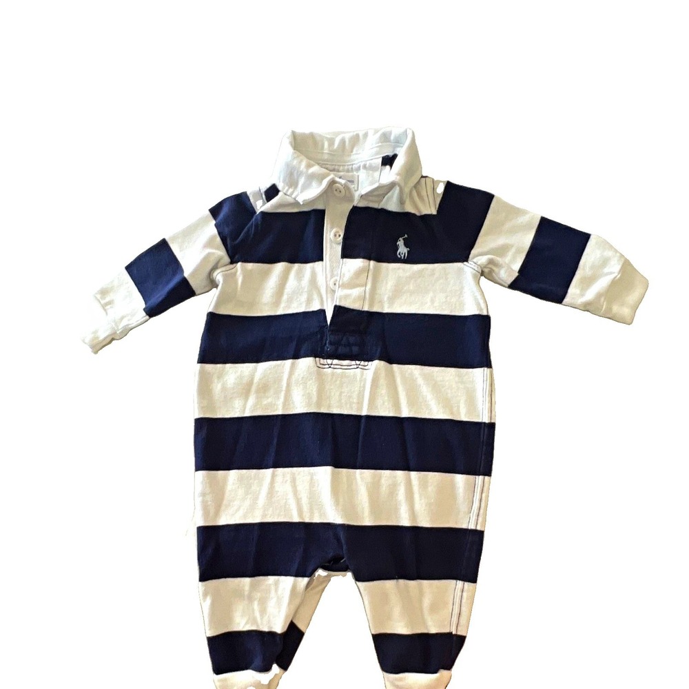 Ralph Lauren Baby 3M Navy/White Striped Long Sleeve Collared Cotton Coverall